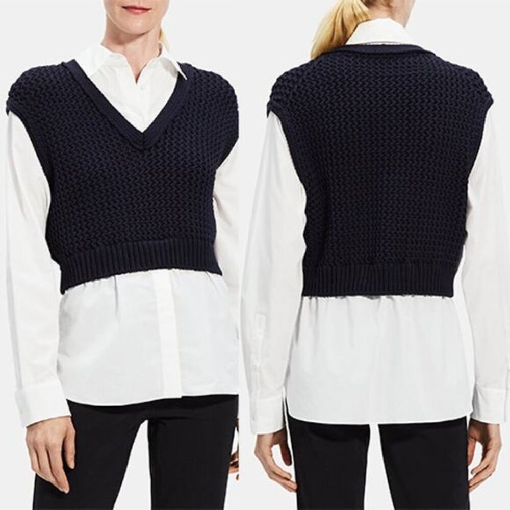 NEW Theory Combo Sweater Vest Shirt Women's Black Stretch Cotton Size: Medium